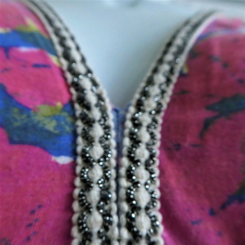 Lucky Brand Peru Maxi Dress Pink Blue Floral Cotton Silver Lurex Trim S - Picture 2 of 7